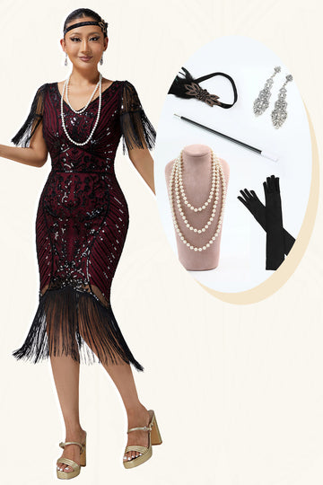 Burgundy Bodycon Sequin Fringed 1920s Dress With 5-Piece Accessories Set